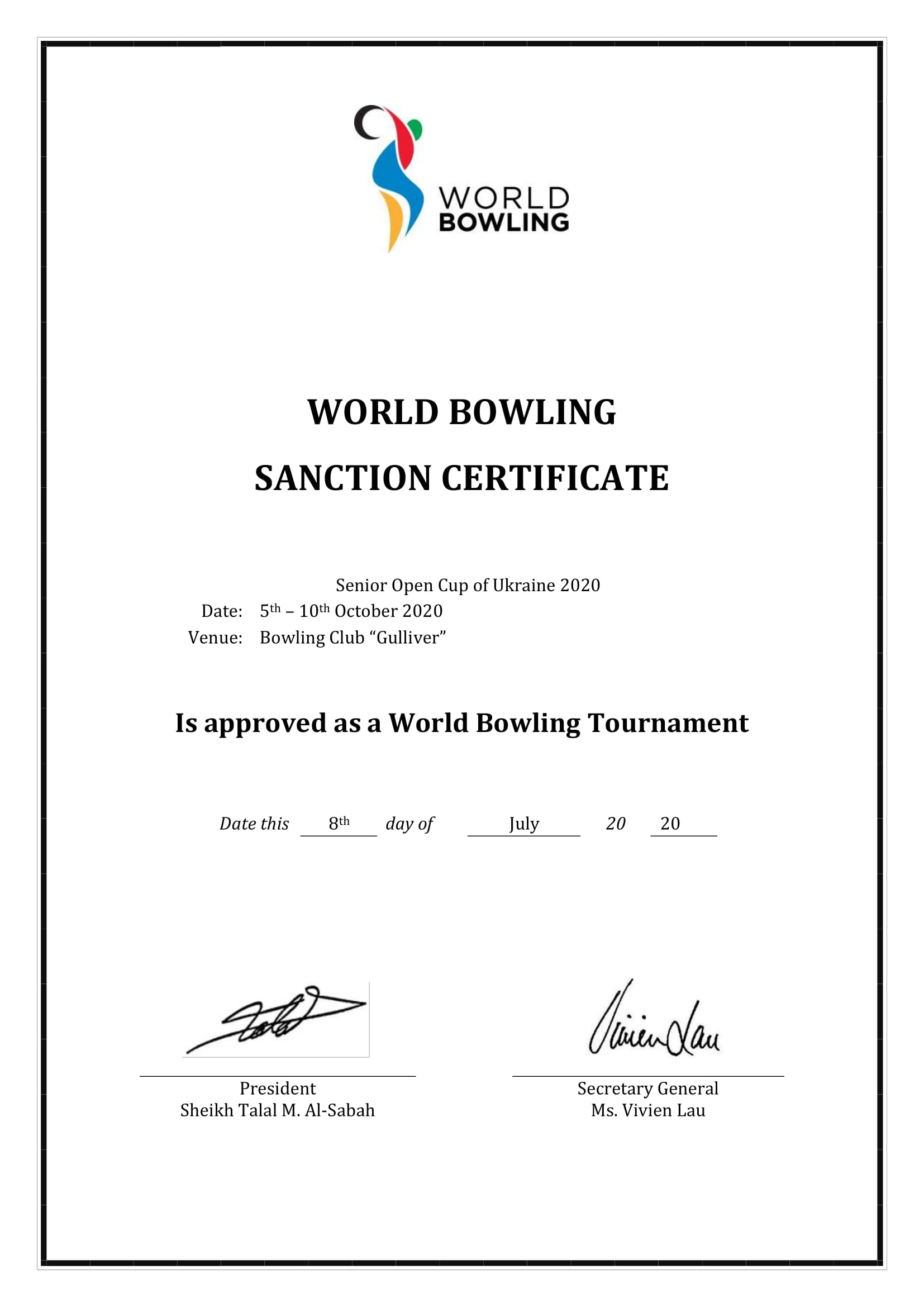 WORLD BOWLING SANCTION Certificate